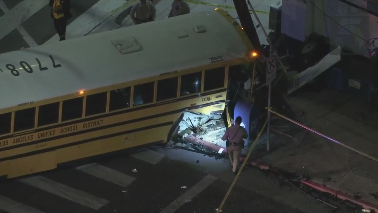 A bus crash in Broadway-Manchester on March 2, 2022, downed power lines in the area, officials said. (KTLA)