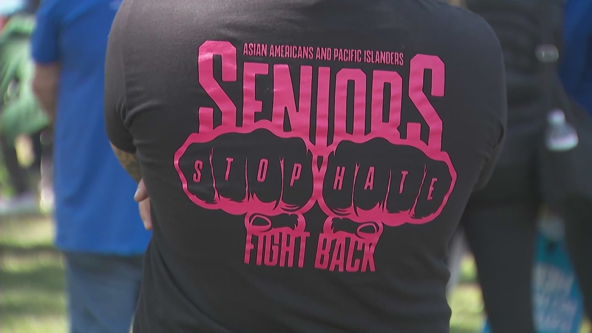 Seniors Stop Hate held an event at El Camino College in Torrance on March 26, 2022, to help people defend themselves against anti-Asian crimes. (KTLA)