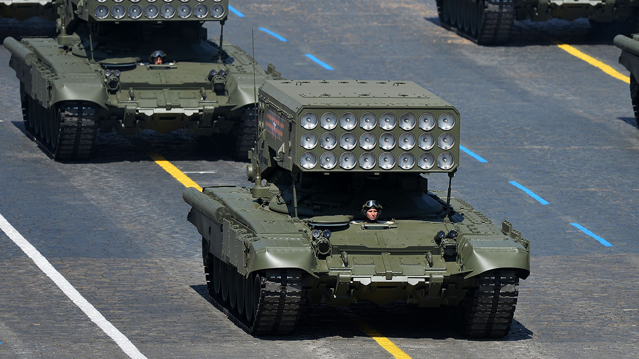 Thermobaric rocket launchers are seen atop tanks during a military parade in Moscow on June 24, 2020. (Evgeny Biyatov/Host Photo Agency via Getty Images)