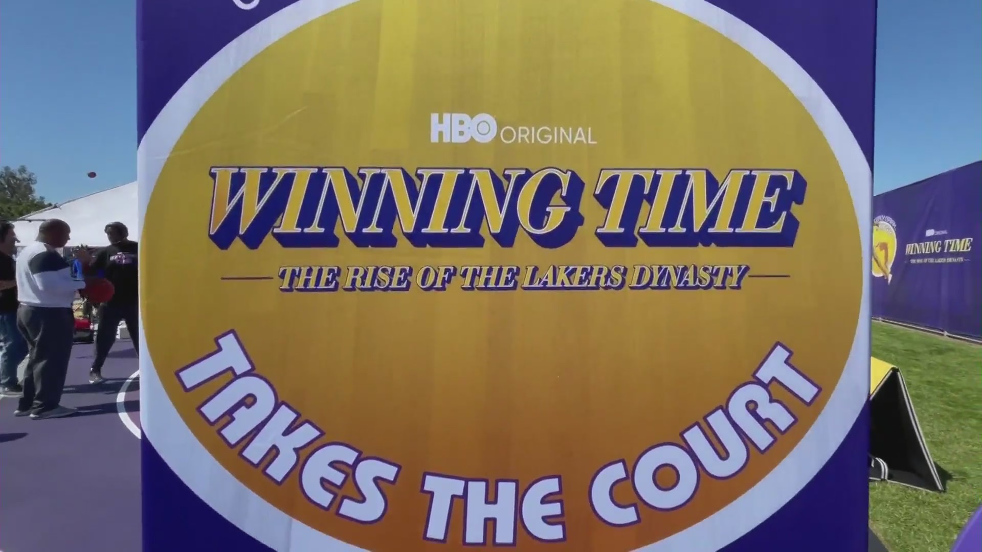 Rogers Park in Inglewood got a Lakers-themed makeover for the premiere of "Winning Time" on March 6, 2022. (KTLA)