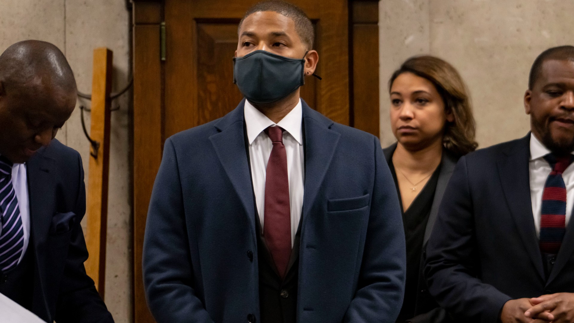 Actor Jussie Smollett appears with his attorneys at his sentencing hearing at the Leighton Criminal Court Building on March 10, 2022, in Chicago. (Brian Cassella/Chicago Tribune via AP, Pool)