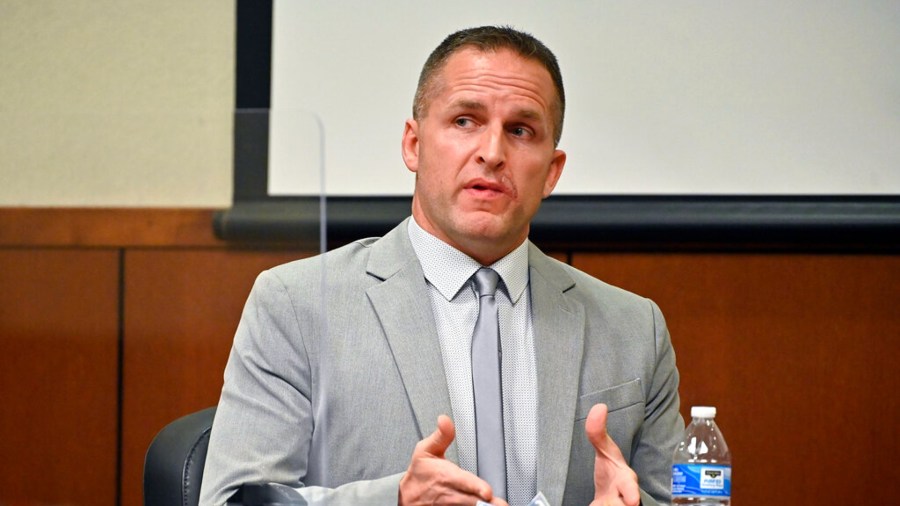 Former Louisville Police officer Brett Hankison is questioned by his defense attorney Wednesday, March 2, 2022, in Louisville, Ky. (AP Photo/Timothy D. Easley, Pool)