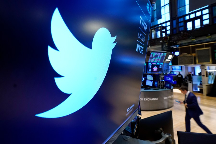 The logo for Twitter appears above a trading post on the floor of the New York Stock Exchange on Nov. 29, 2021. (Richard Drew/Associated Press)