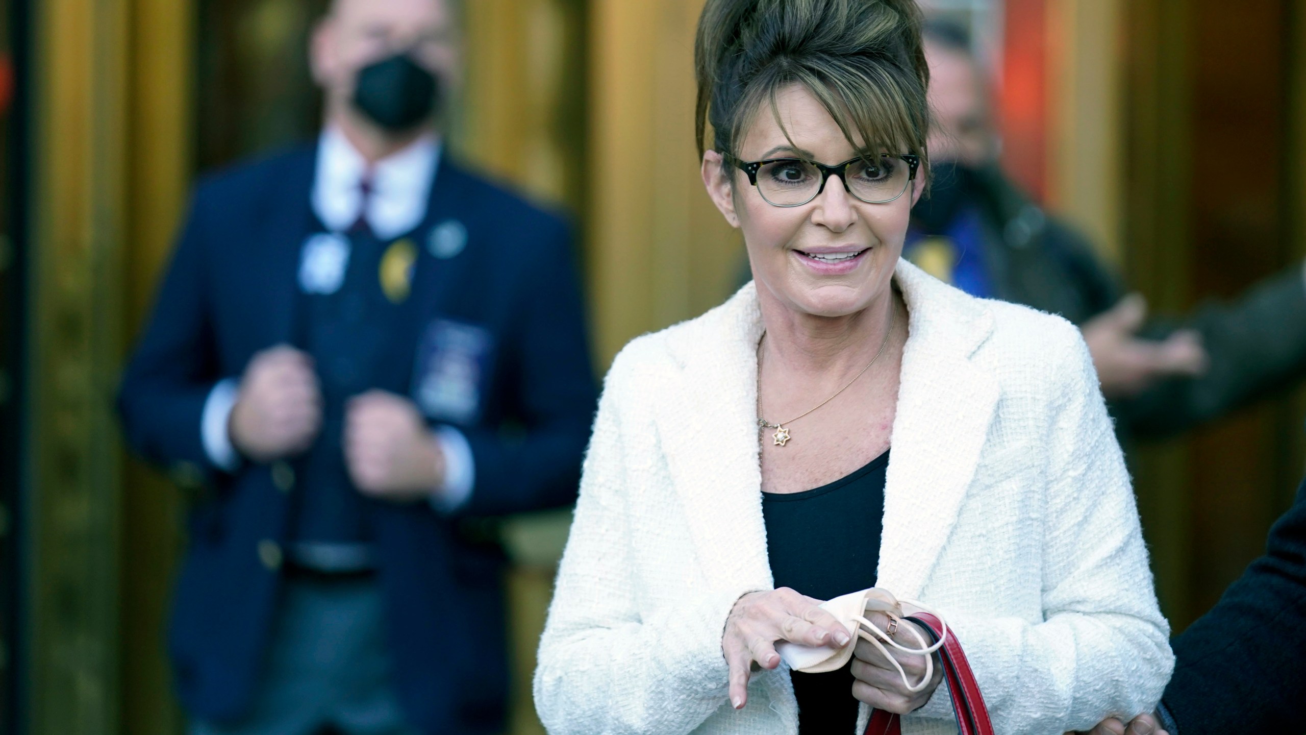 Sarah Palin leaves the courthouse in New York on Feb. 10, 2022. (Seth Wenig/Associated Press)