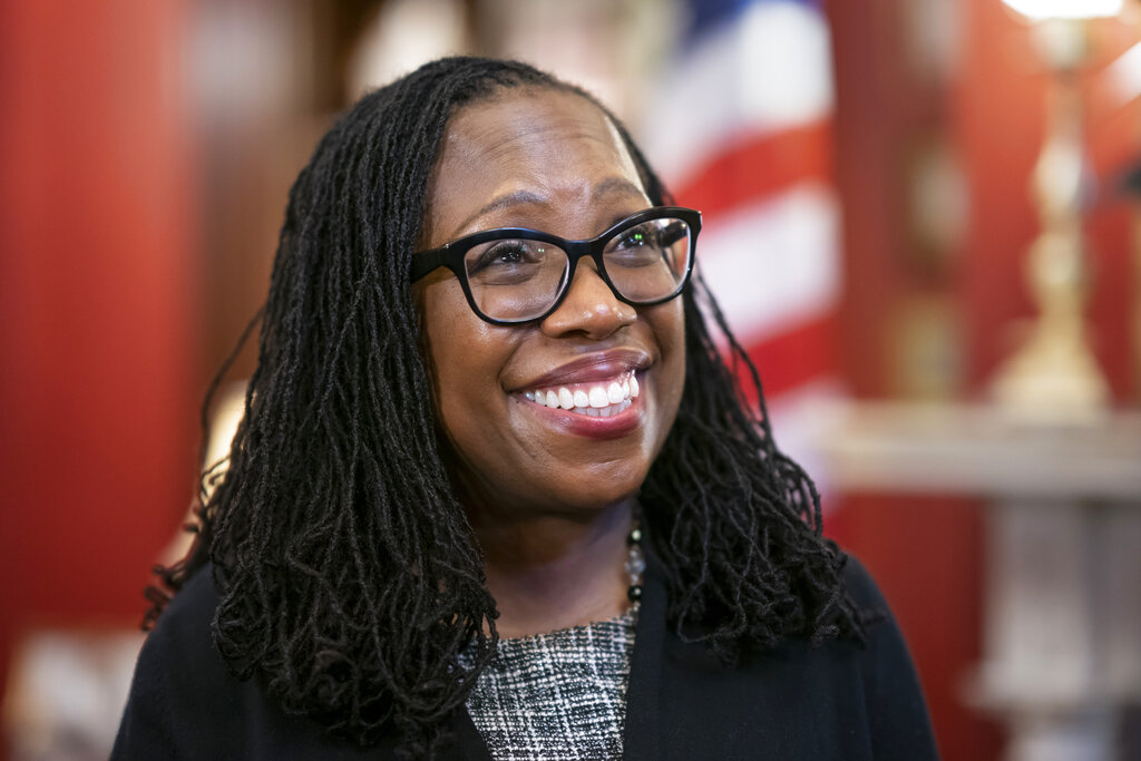 Supreme Court nominee Judge Ketanji Brown Jackson smiles as Sen. Richard Shelby, R-Ala., arrives for a meeting in his office on Capitol Hill in Washington, March 31, 2022. (AP Photo/J. Scott Applewhite, File)