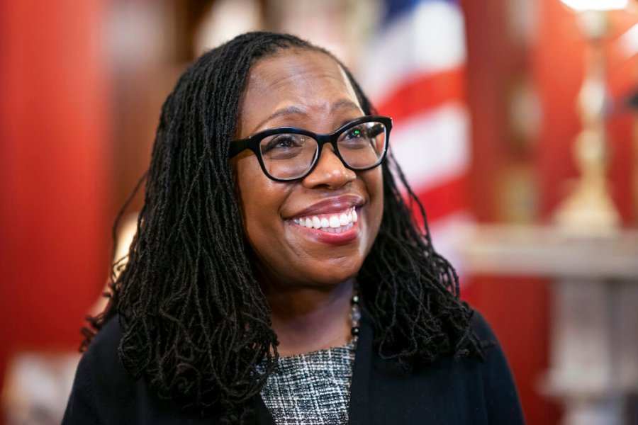 Supreme Court nominee Judge Ketanji Brown Jackson smiles as Sen. Richard Shelby, R-Ala., arrives for a meeting in his office on Capitol Hill in Washington, March 31, 2022. (AP Photo/J. Scott Applewhite, File)