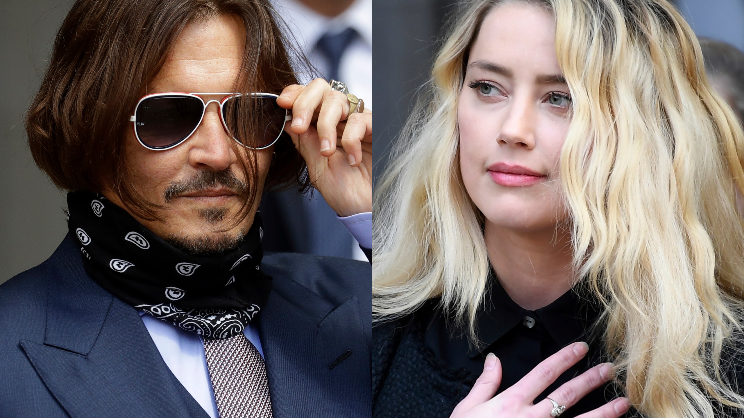 Johnny Depp appears at the High Court in London, on July 17, 2020, left, and Amber Heard appears outside the High Court in London on July 28, 2020. Jury selection begins for the libel lawsuit filed by Depp against Heard in Virginia after The Washington Post published her opinion piece. Depp's lawyers say the article falsely implies that she was physically and sexually abused by Depp when the actors were married. (AP Photo)