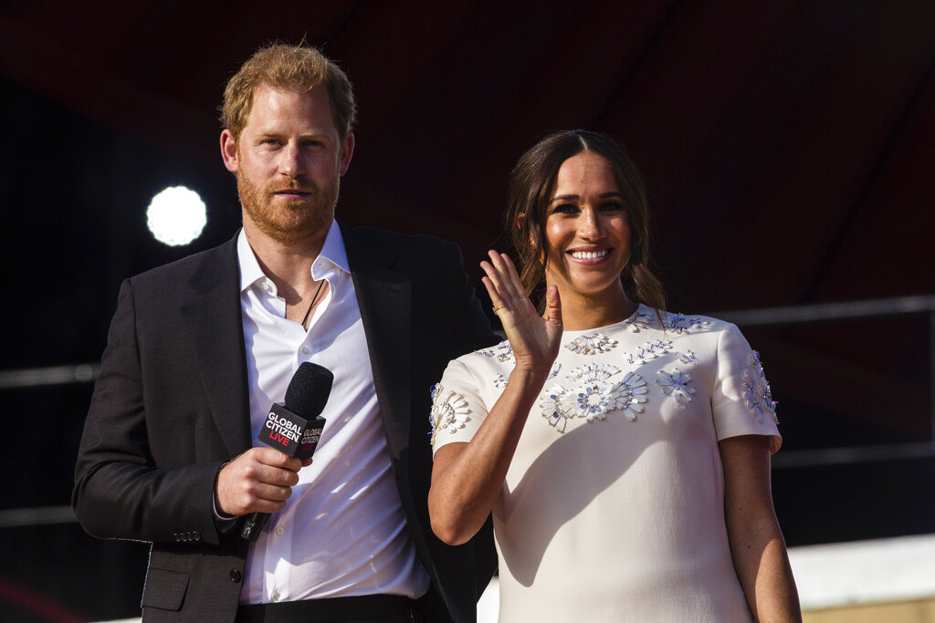 Prince Harry and his wife Meghan speak during the Global Citizen festival, on Sept. 25, 2021 in New York. (AP Photo/Stefan Jeremiah, File)