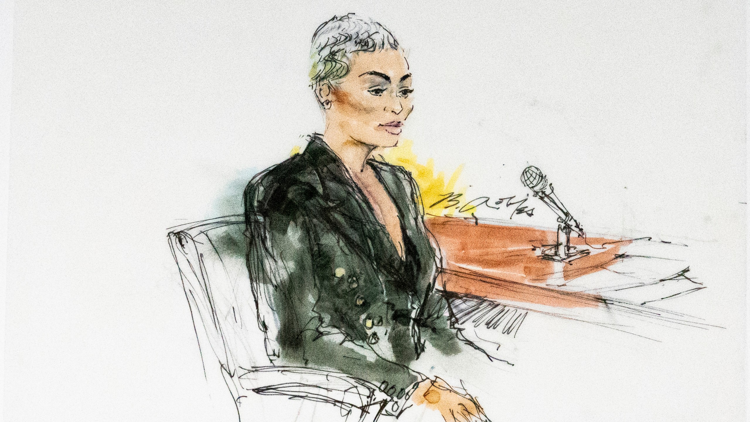 In this courtroom artist sketch, former reality television star Blac Chyna sits in court in Los Angeles on April 19, 2022. (Bill Robles via AP)