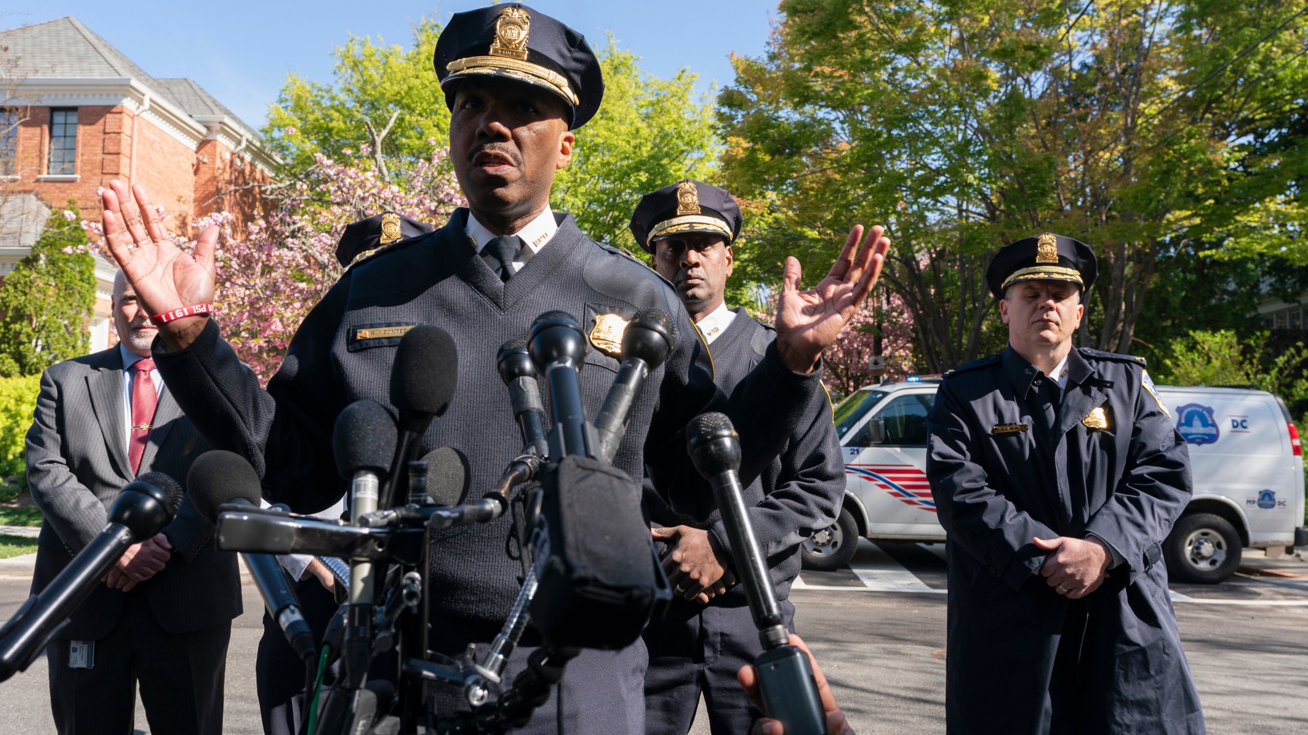 Washington Metropolitan Police Chief Robert Contee III, speaks to reporters near the Peruvian ambassador's residence in northwest Washington, Wednesday, April 20, 2022. U.S. Secret Service officers shot "an intruder" Wednesday at the residence of the Peruvian ambassador to the United States in Washington, authorities said. (AP Photo/Manuel Balce Ceneta)