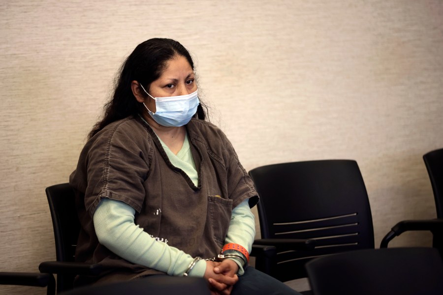 Yesenia Guadalupe Ramirez, one of two suspects charged in connection with the kidnapping of a three-month-old baby in San Jose, appears for her arraignment hearing at the Santa Clara County Hall of Justice on Thursday, April 28, 2022, in San Jose, Calif. The mother of the baby kidnapped from their San Francisco Bay Area home said Ramirez who was arrested in the case met the family at church and had been spending a lot of time with them ever since she was nine months pregnant. (Dai Sugano/Bay Area News Group via AP, Pool)