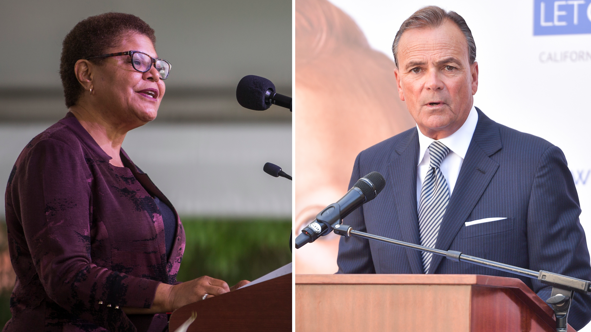 Karen Bass and Rick Caruso are seen in undated photos. (Getty Images)