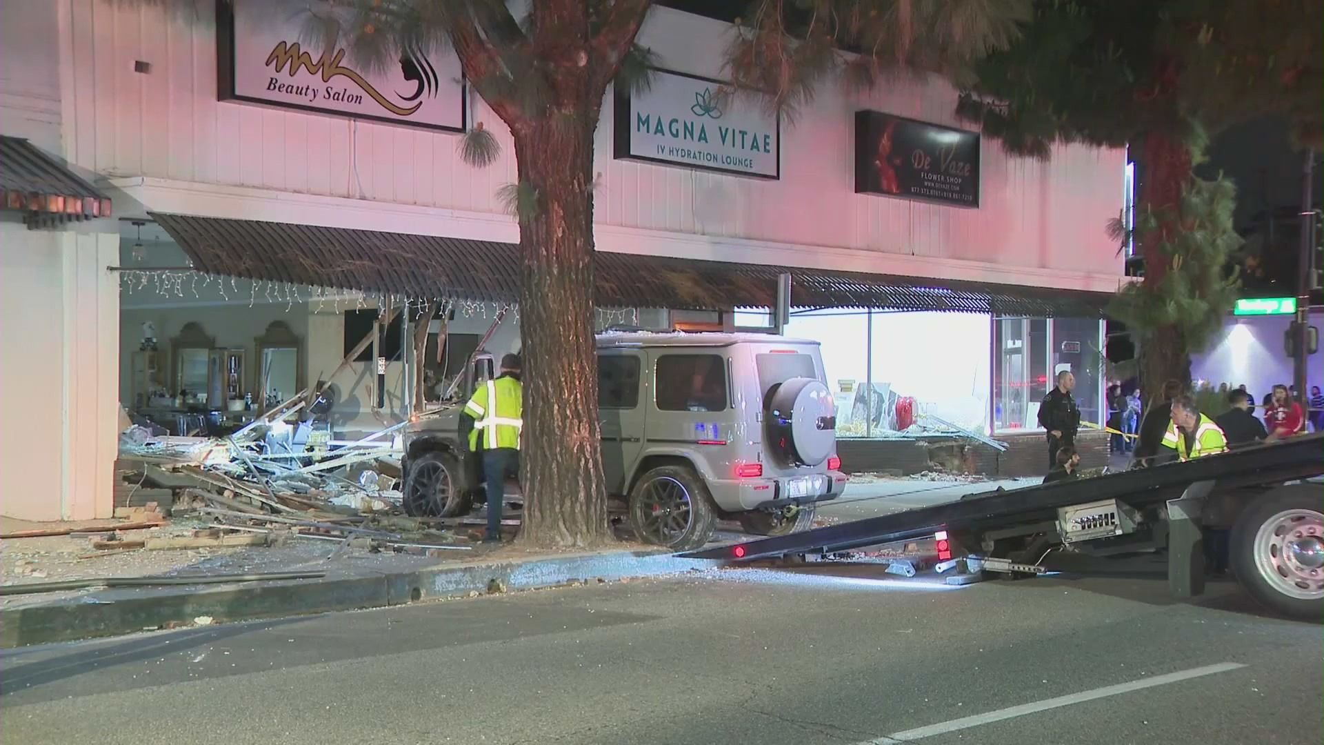 A car crashed into a Burbank storefront on April 3, 2022. (KTLA)