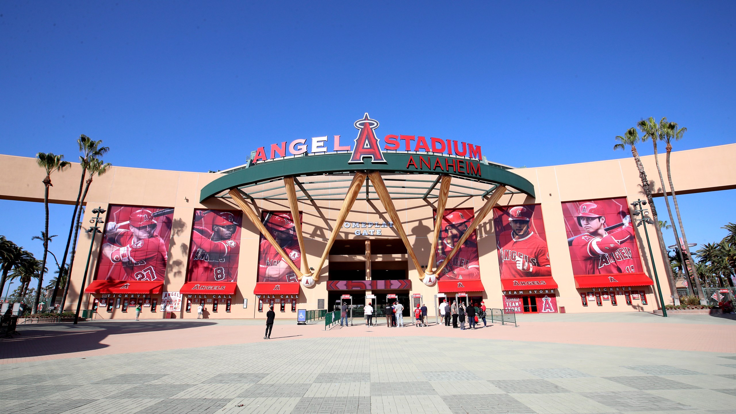 A general view outside of Angel Stadium of Anaheim before the game between the Los Angeles Angels and the Chicago White Sox on April 2, 2021. (Katelyn Mulcahy/Getty Images)