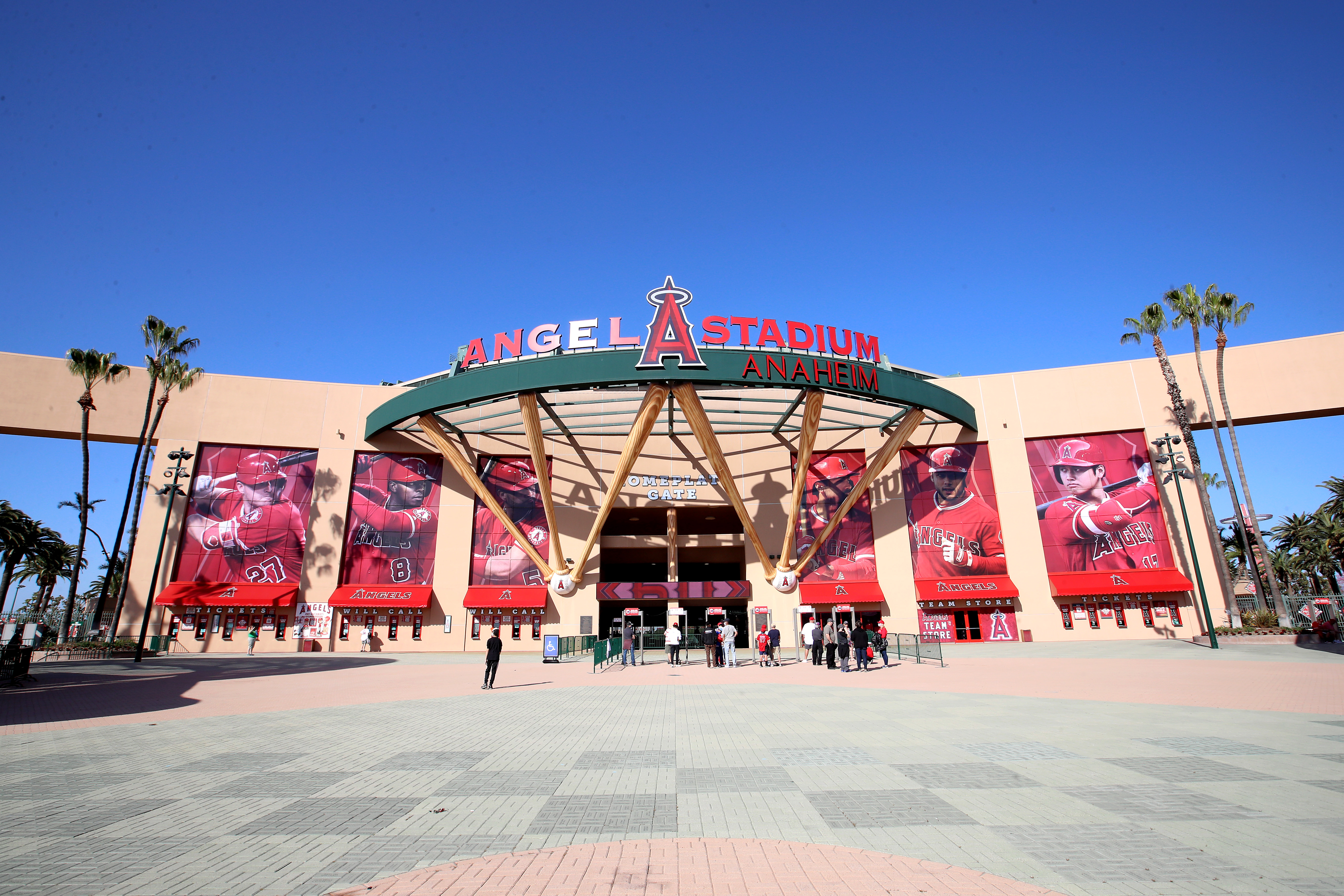 A general view outside of Angel Stadium of Anaheim before the game between the Los Angeles Angels and the Chicago White Sox on April 2, 2021. (Katelyn Mulcahy/Getty Images)