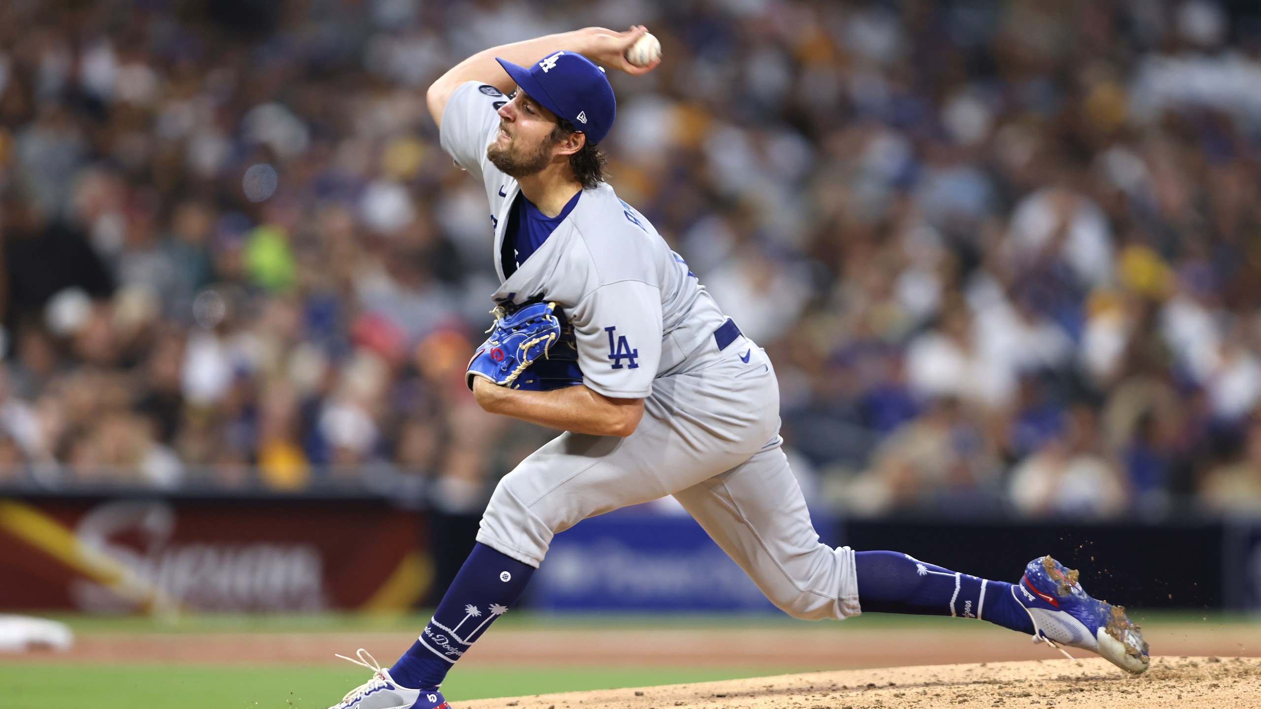 Trevor Bauer of the Los Angeles Dodgers pitches during the third inning of a game against the San Diego Padres at PETCO Park on June 23, 2021 in San Diego. (Sean M. Haffey/Getty Images)