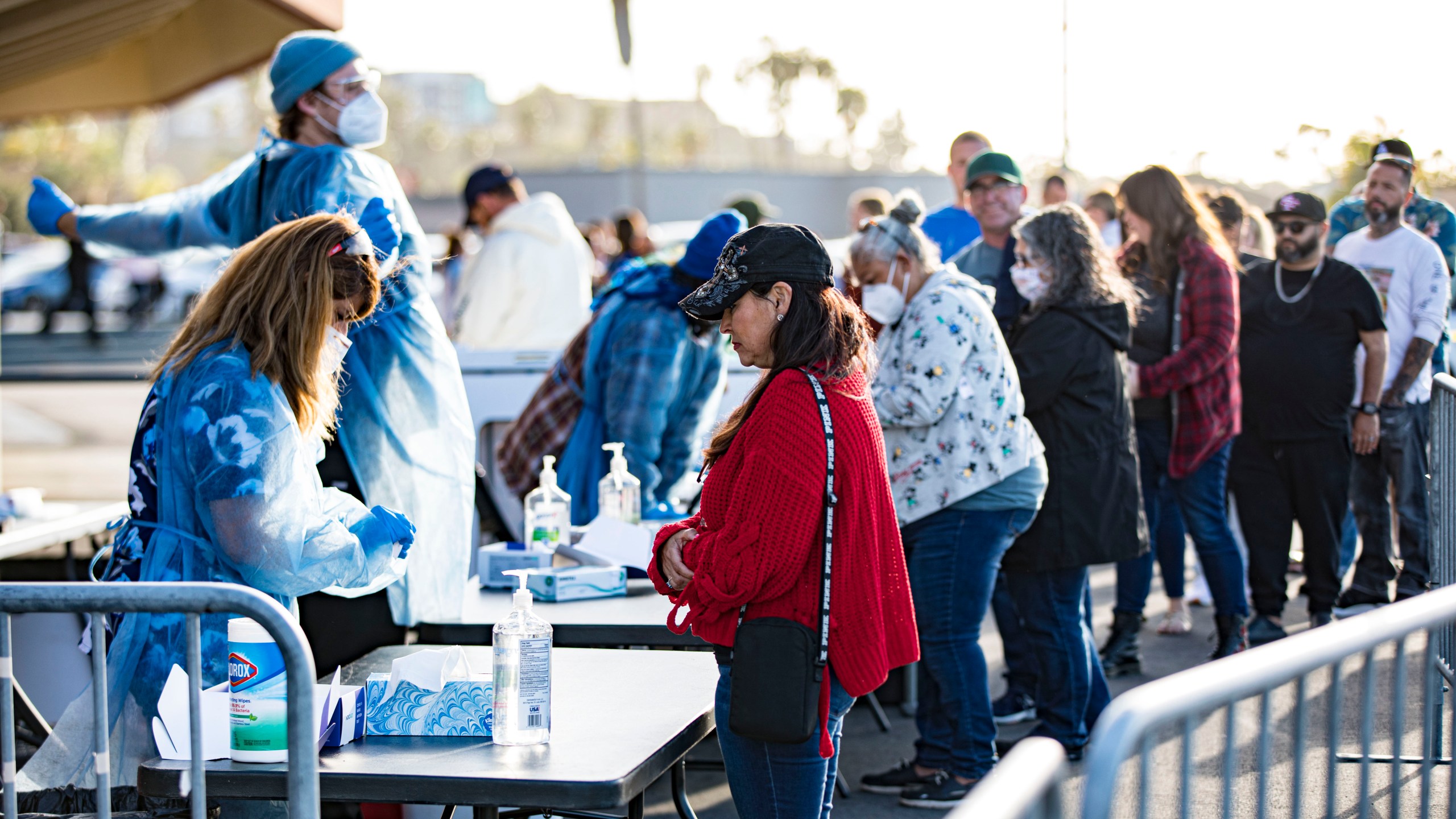 Fans line up at the COVID-19 testing site on opening night of the Tomlin UNITED Tour on March 29, 2022 in San Diego, California. (Daniel Knighton/Getty Images)