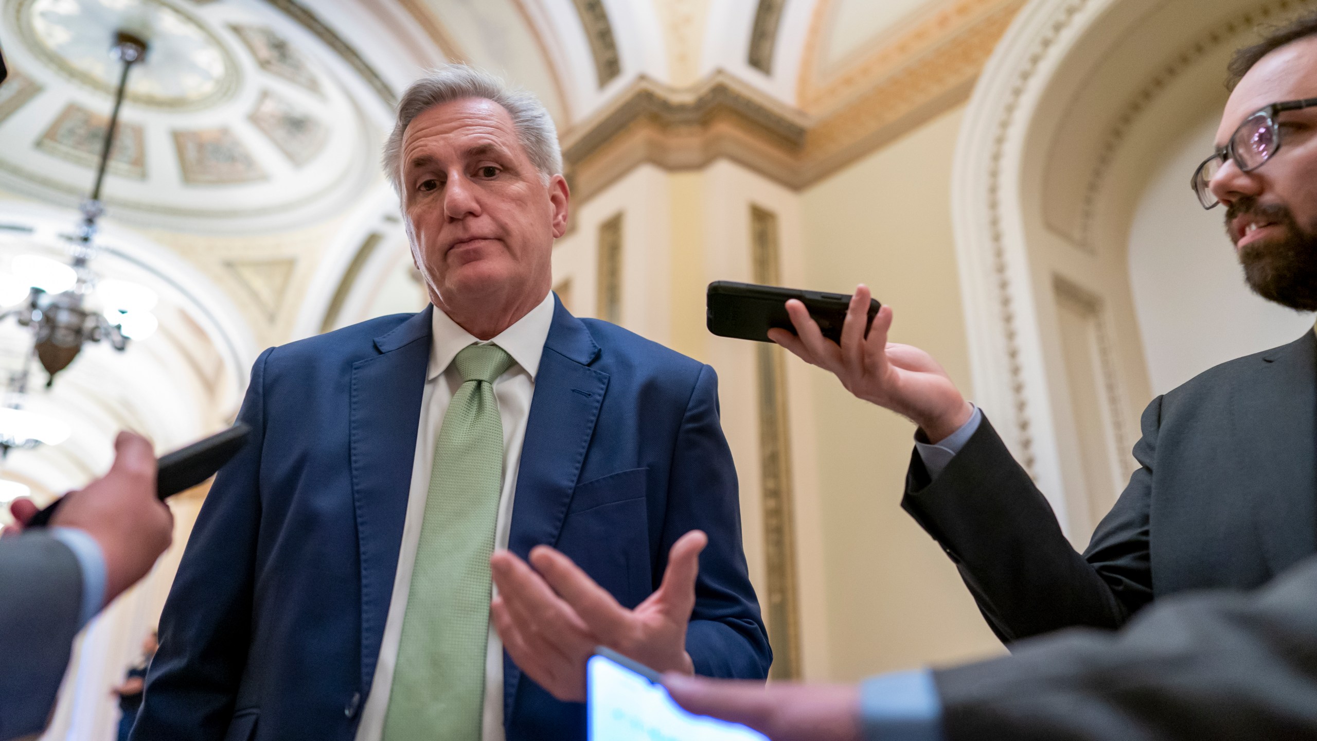 House Minority Leader Kevin McCarthy, R-Calif., talks to reporters at the Capitol in Washington, April 6, 2022. McCarthy is downplaying secretly recorded remarks he made about Donald Trump shortly after last year's attack on the Capitol. He also says he never told the then-president that he should resign — something that has not been reported. (AP Photo/J. Scott Applewhite, File)