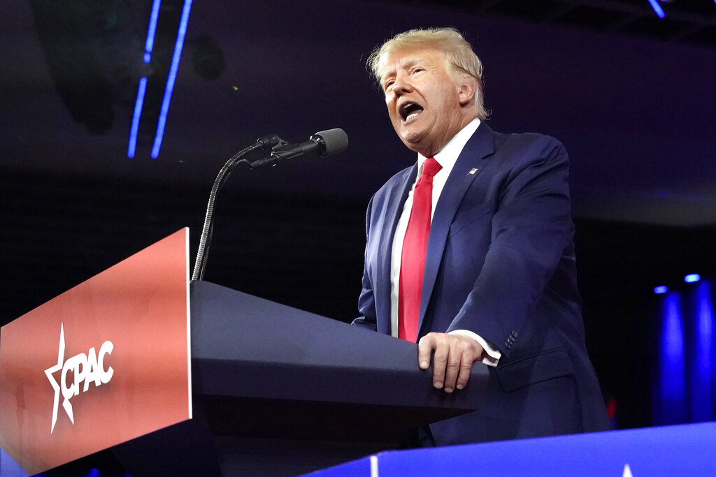 Former President Donald Trump, speaks at the Conservative Political Action Conference in Orlando on Feb. 26, 2022. (John Raoux/Associated Press)