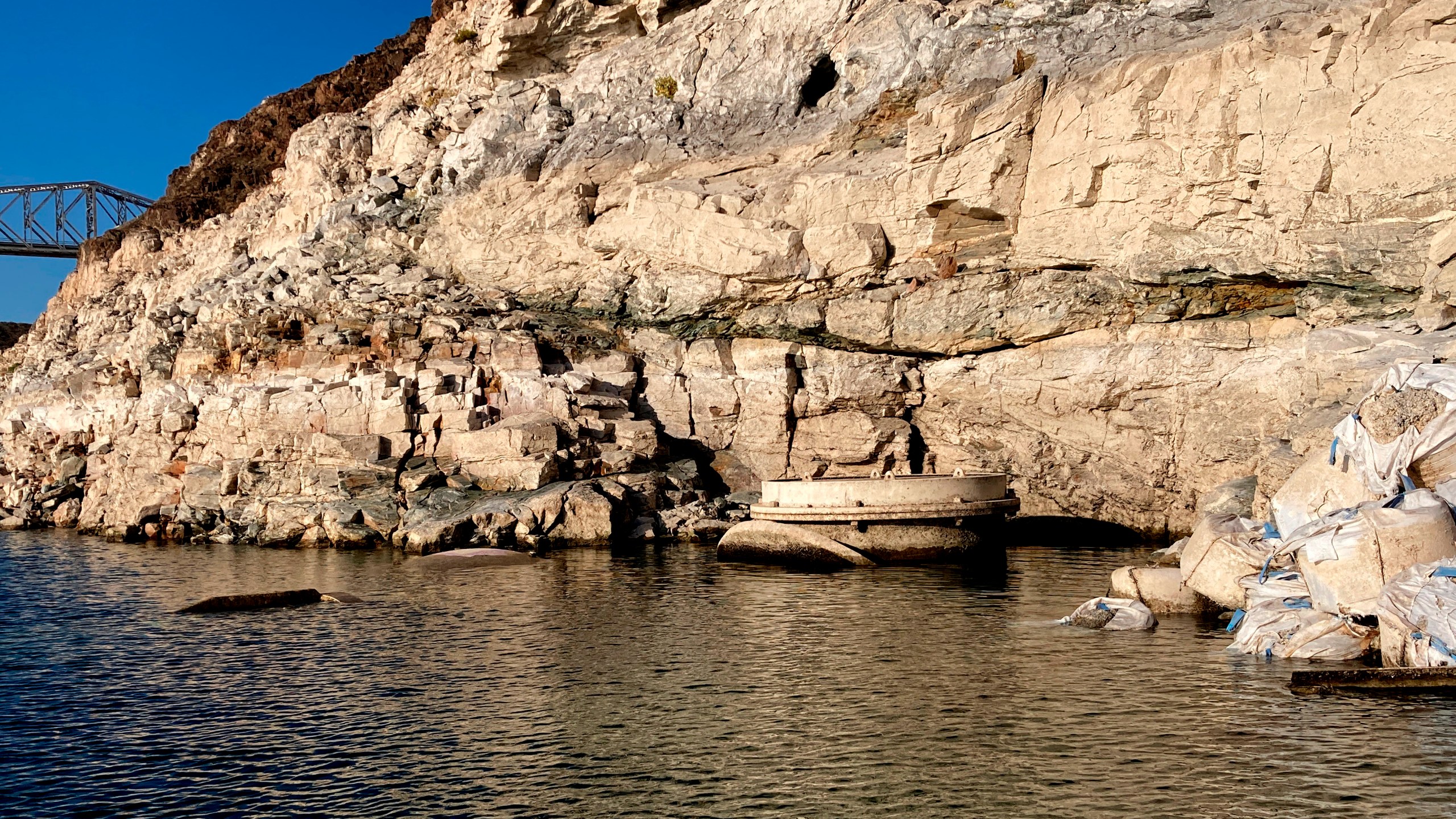 This photo taken Monday, April 25, 2022, by the Southern Nevada Water Authority shows the top of Lake Mead drinking water Intake No. 1 above the surface level of the Colorado River reservoir behind Hoover Dam. The intake is the uppermost of three in the deep, drought-stricken lake that provides Las Vegas with 90% of its drinking water supply. (Southern Nevada Water Authority via AP)