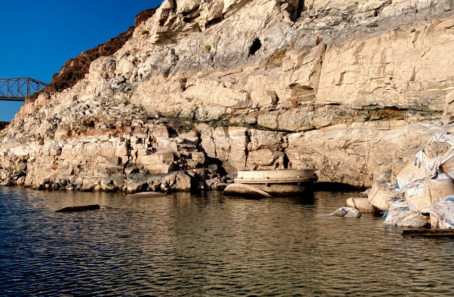 This photo taken Monday, April 25, 2022, by the Southern Nevada Water Authority shows the top of Lake Mead drinking water Intake No. 1 above the surface level of the Colorado River reservoir behind Hoover Dam. The intake is the uppermost of three in the deep, drought-stricken lake that provides Las Vegas with 90% of its drinking water supply. (Southern Nevada Water Authority via AP)