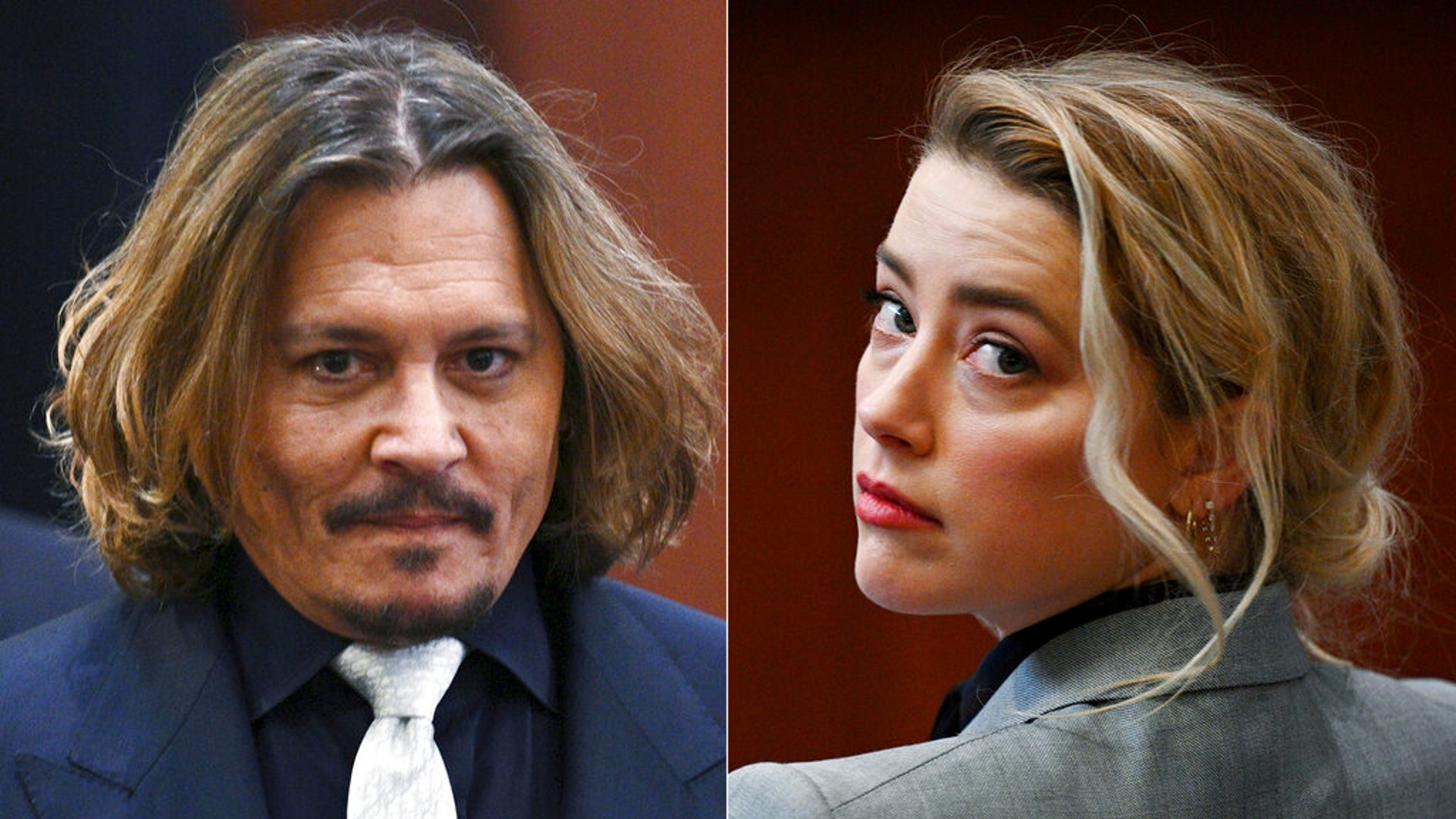 This combination of photos shows actors Johnny Depp, left, and Amber Heard inside the courtroom for Depp’s libel suit against Heard at the Fairfax County Circuit Court on April 12, 2022, in Fairfax, Va. (Brendan Smialowski, Pool via AP)