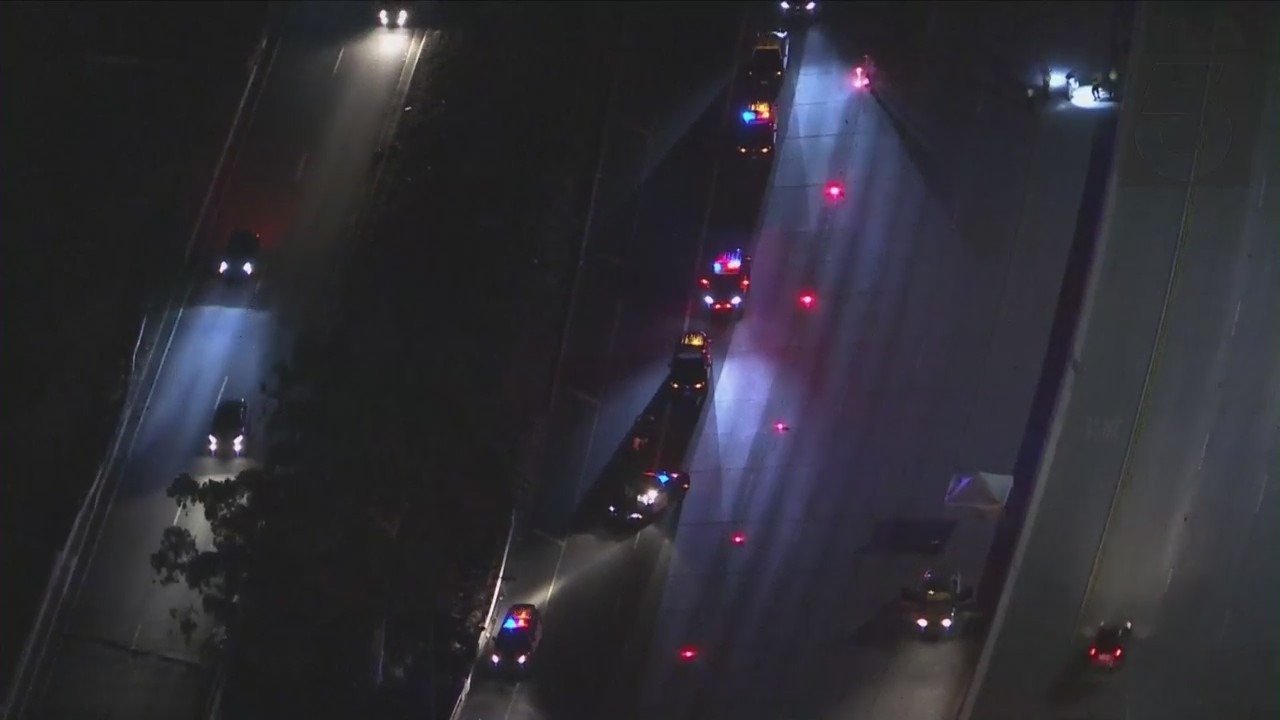 A car fatally struck a person on the 170 Freeway on May 31, 2022. (KTLA)