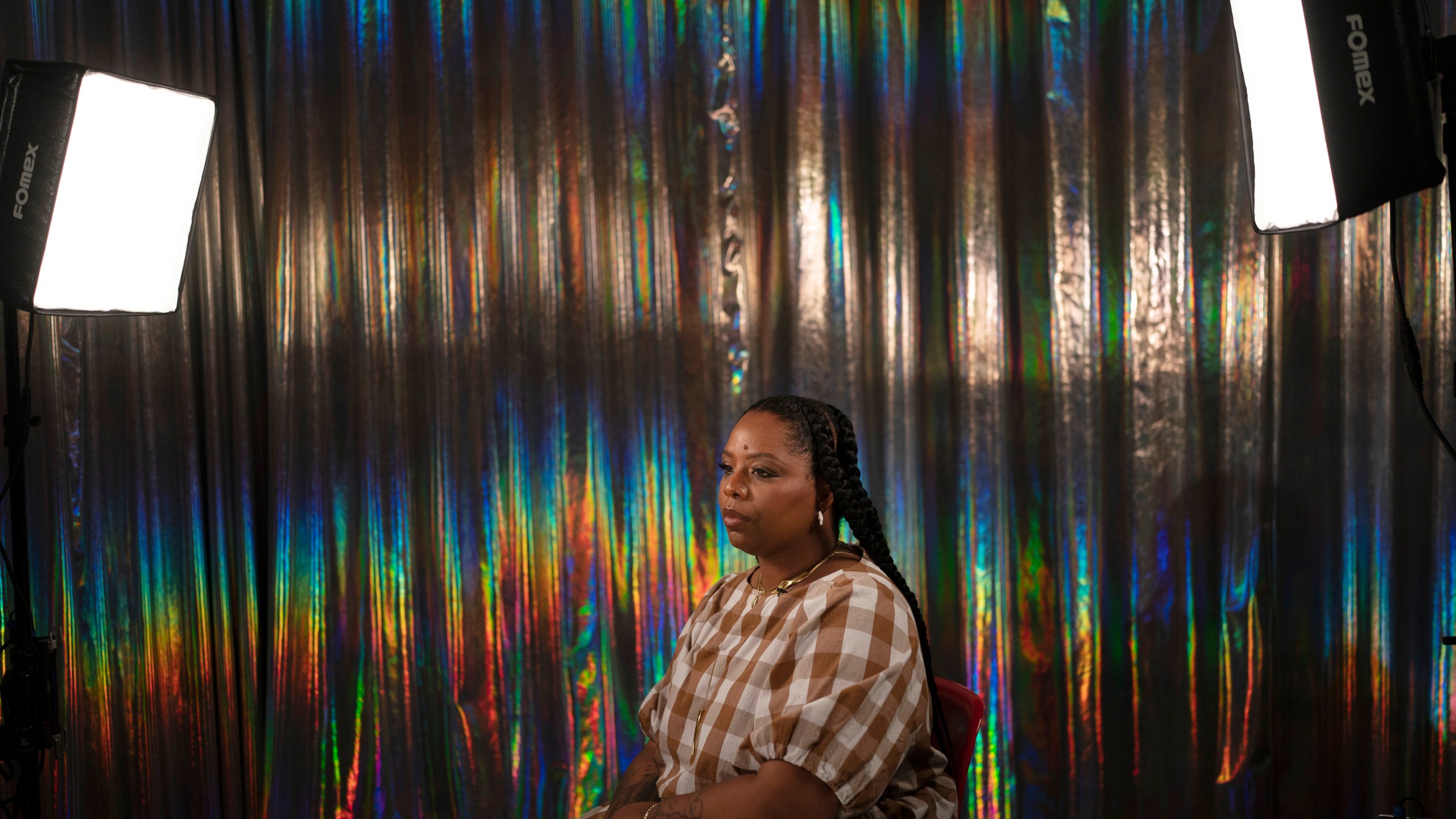 Black Lives Matter co-founder Patrisse Cullors sits for a photo after an interview with The Associated Press in Los Angeles, Wednesday, April 20, 2022. (AP Photo/Jae C. Hong)