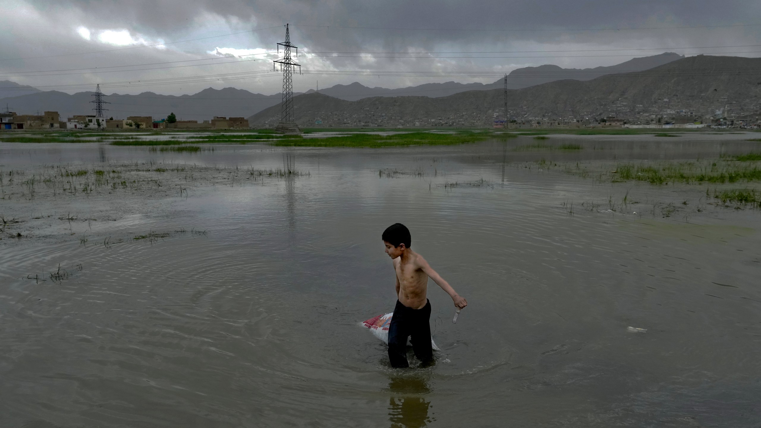 A boy collects grass for sale, in Kabul, Afghanistan on May 9, 2022. Some 1.1 million Afghan children under the age of five will face malnutrition by the end of the year. (Ebrahim Noroozi/Associated Press)