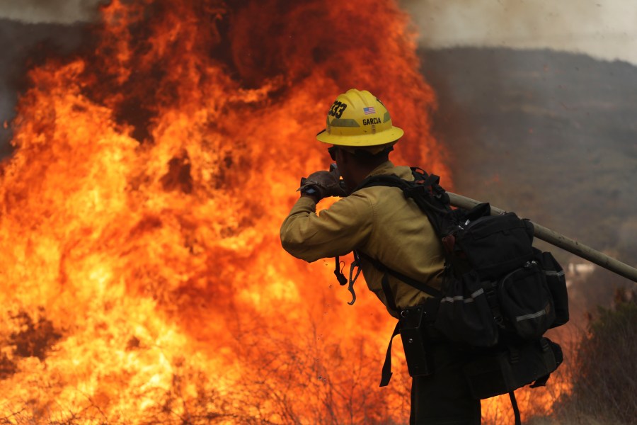 San Miguel County Firefighters battle a brush fire along Japatul Road during the Valley Fire in Jamul, California on Sept. 6, 2020. (SANDY HUFFAKER/AFP via Getty Images)