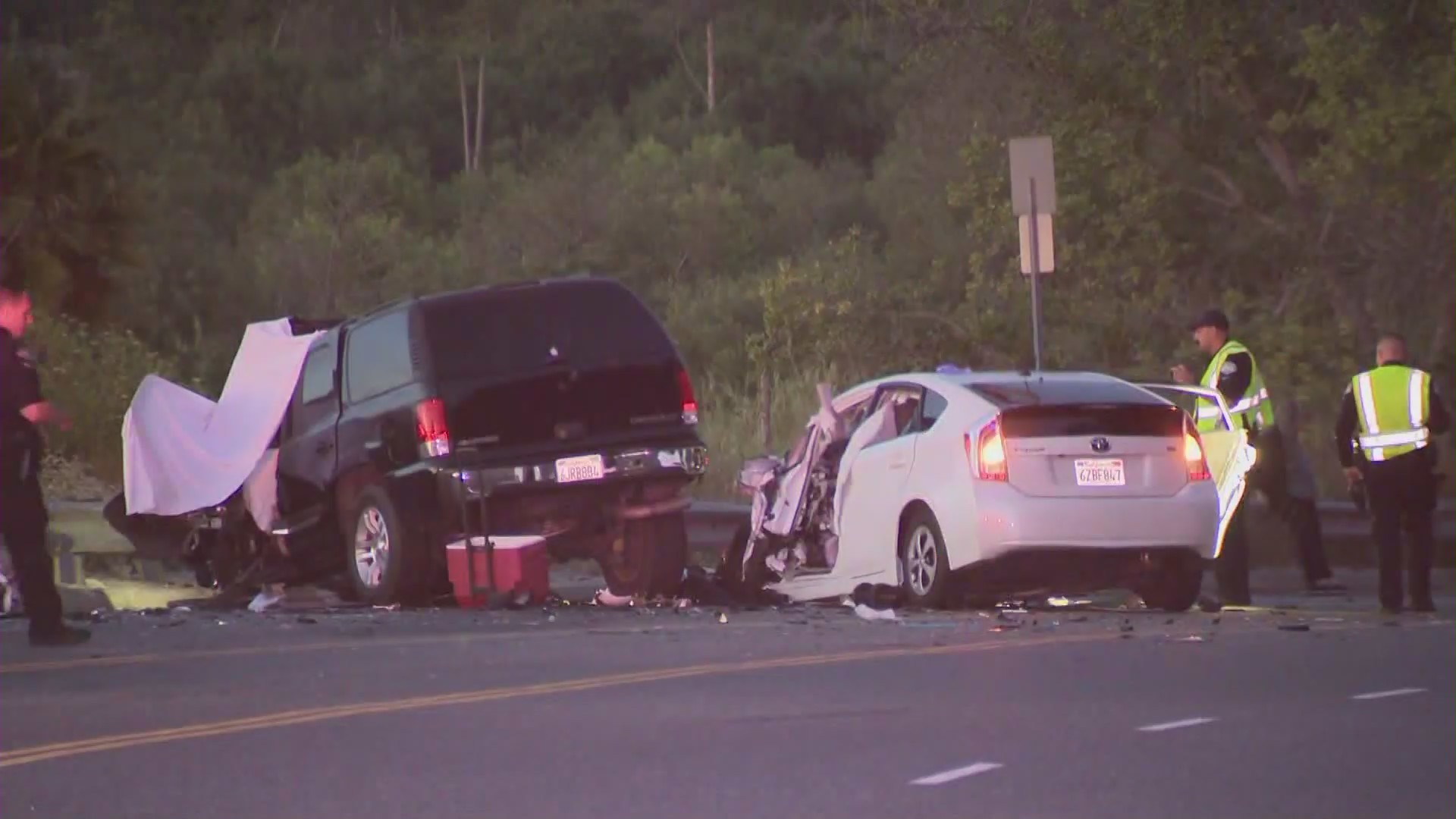 One person died and two people were hurt in a Hansen Dam head-on crash on May 27, 2022. (KTLA)