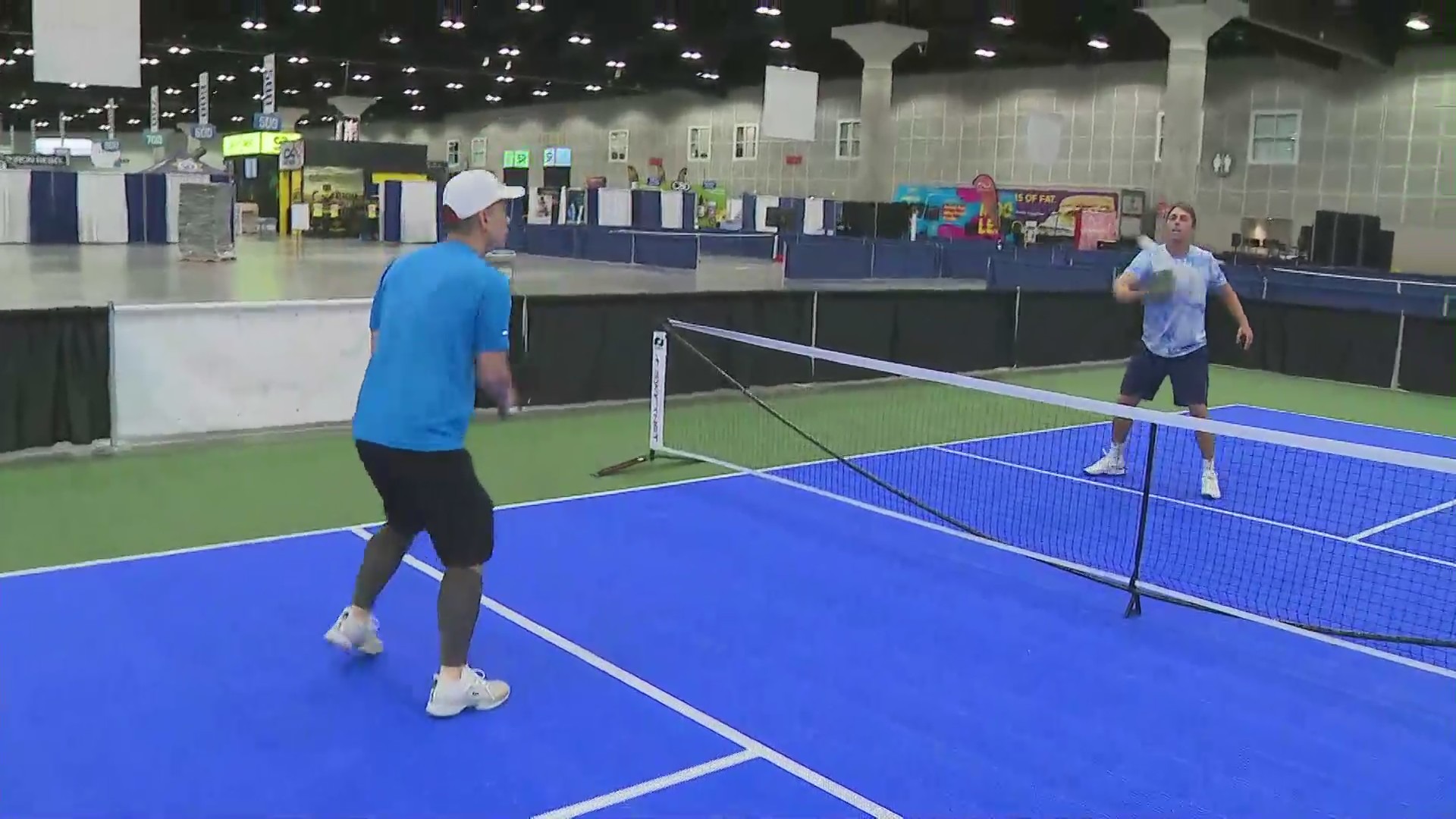 Pickleball players demonstrated their sport at the Fit Expo in downtown Los Angeles on May 21, 2022. (KTLA)Pickleball players demonstrated their sport at the Fit Expo in downtown Los Angeles on May 21, 2022. (KTLA)