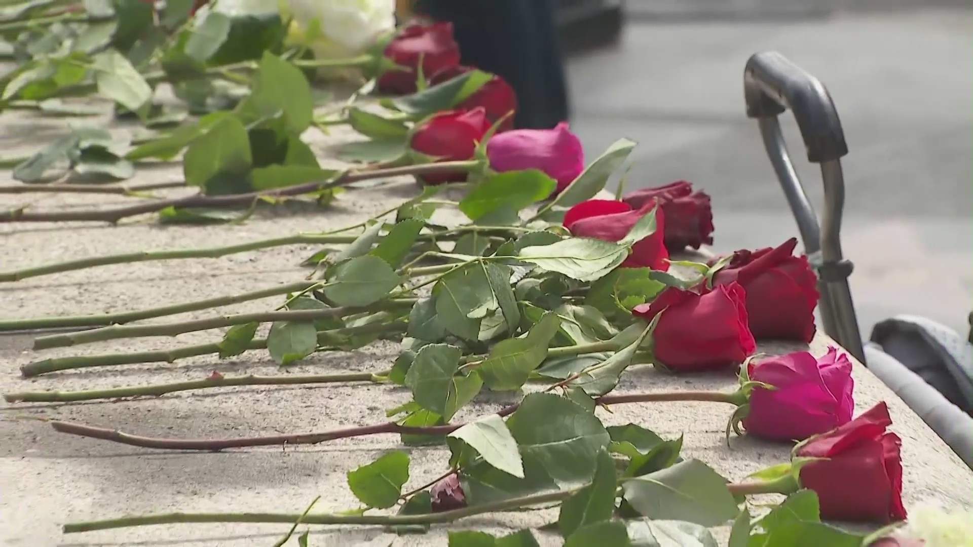 Flowers commemorated the victims of three recent mass shootings on May 28, 2022. (KTLA)