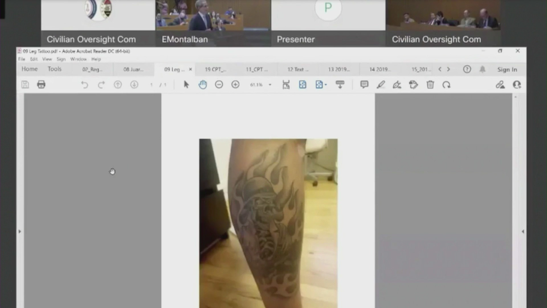 An alleged Los Angeles County Sheriff's Department tattoo is seen during a hearing about purported gangs within the agency on May 24, 2022.