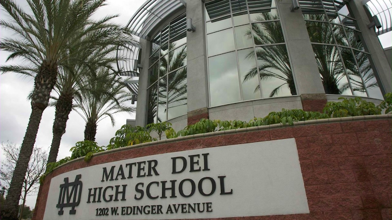 A Mater Dei High School sign is seen in this file image. (KTLA)