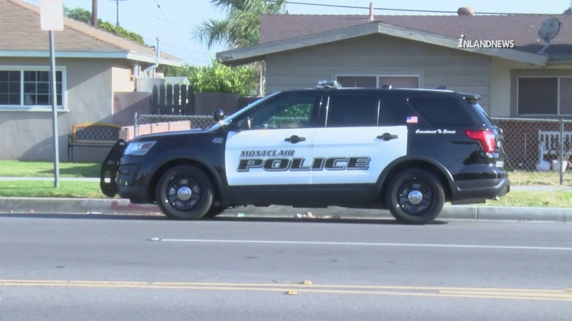 A Montclair Police Department vehicle is seen parked near the scene of a stabbing on May 18, 2022. (Inland News)