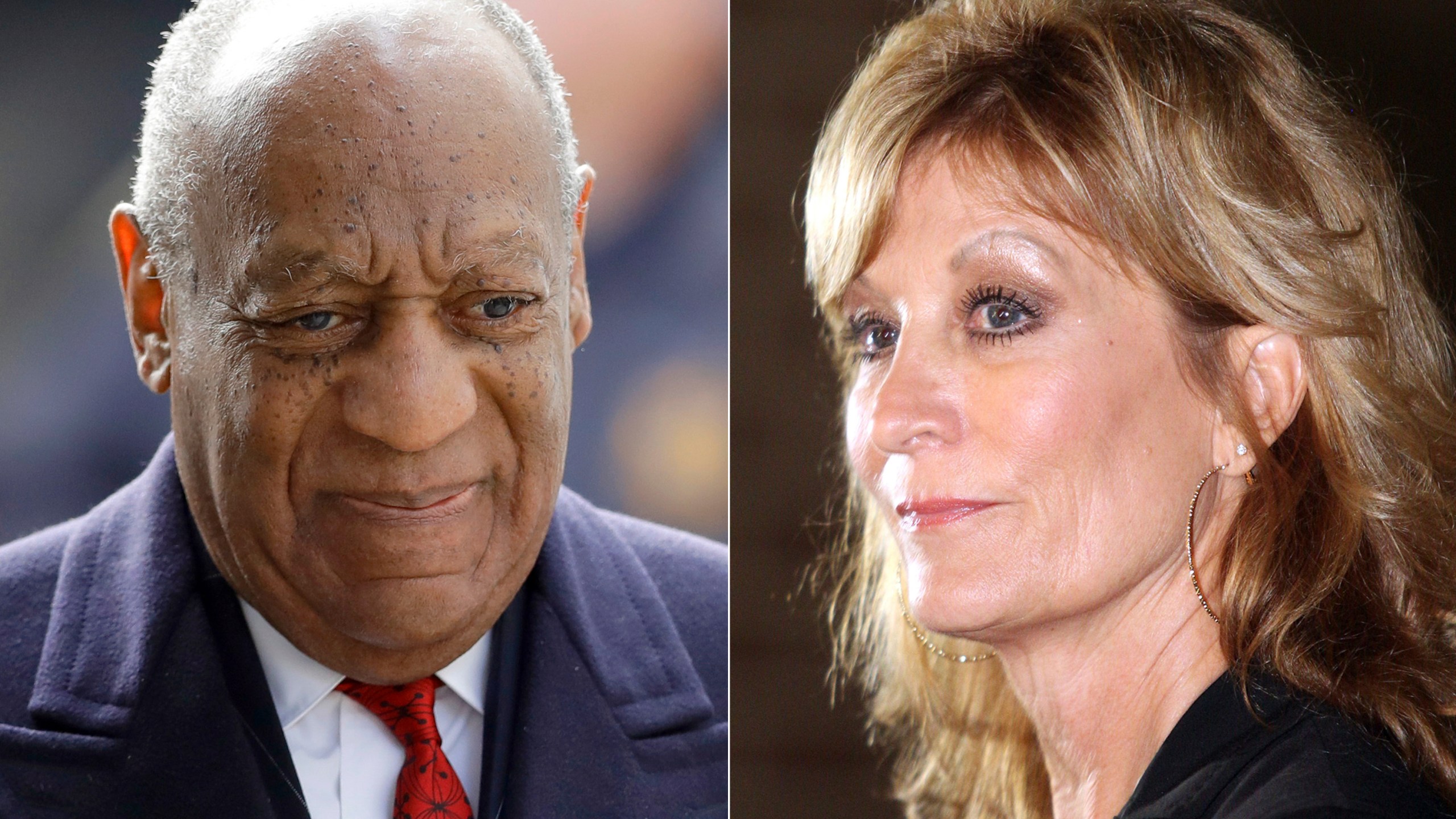 Bill Cosby arrives for his sexual assault trial in Norristown, Pa. on April 20, 2018, left, and Judy Huth appears at a press conference outside the Los Angeles Police Department's Wilshire Division station in Los Angeles on Dec. 5, 2014. (AP Photo)