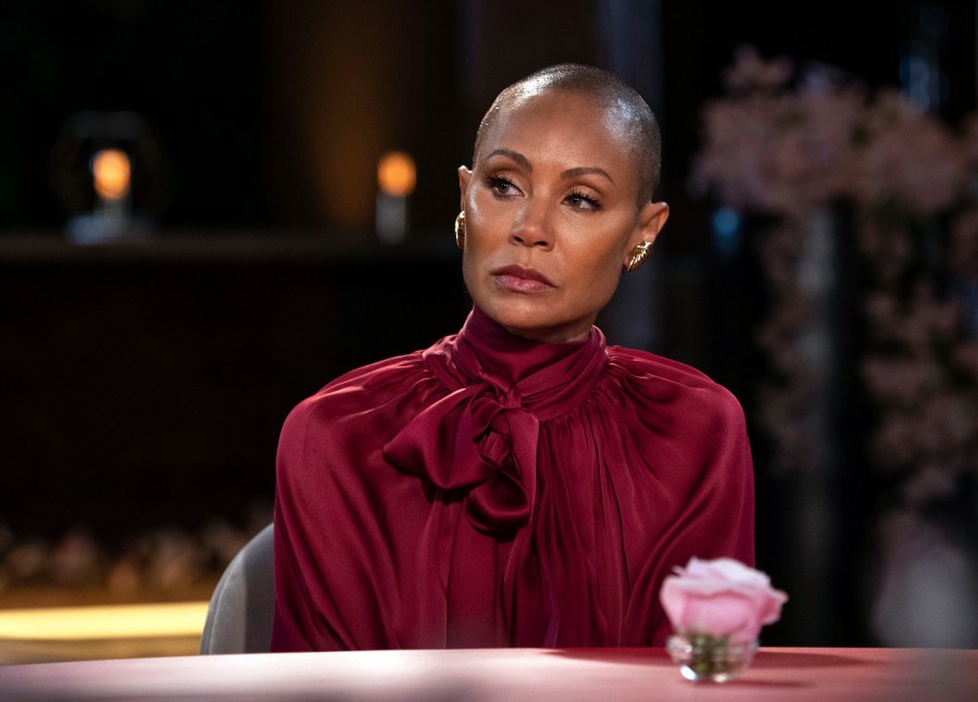 Jada Pinkett Smith appears on an episode of her online series "Red Table Talk." The latest episode, streaming Wednesday, June 1, 2022 on Facebook Watch, addresses alopecia. (Jordan Fisher/Red Table Talk via AP)