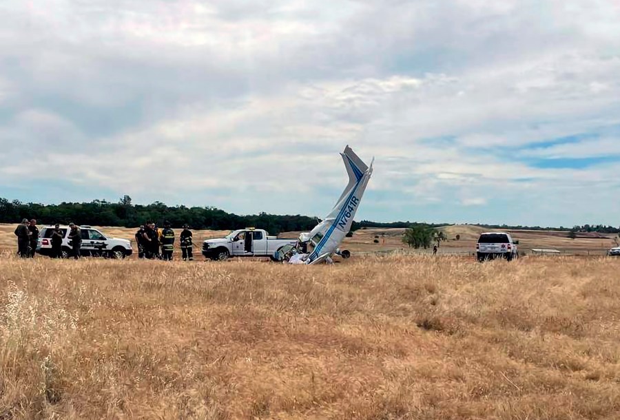 Police and fire respond to a small plane crash at Oroville Municipal Airport in Oroville, Calif., on Thursday, June 2, 2022. (Butte County Fire Department via AP)