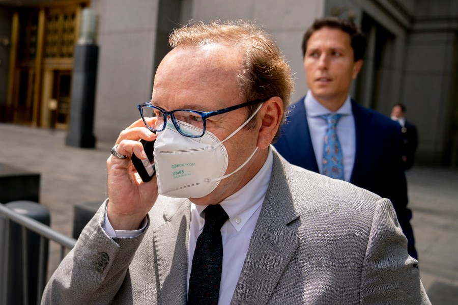 Actor Kevin Spacey leaves court after testifying in a civil lawsuit on May 26, 2022, in New York. (John Minchillo/Associated Press)