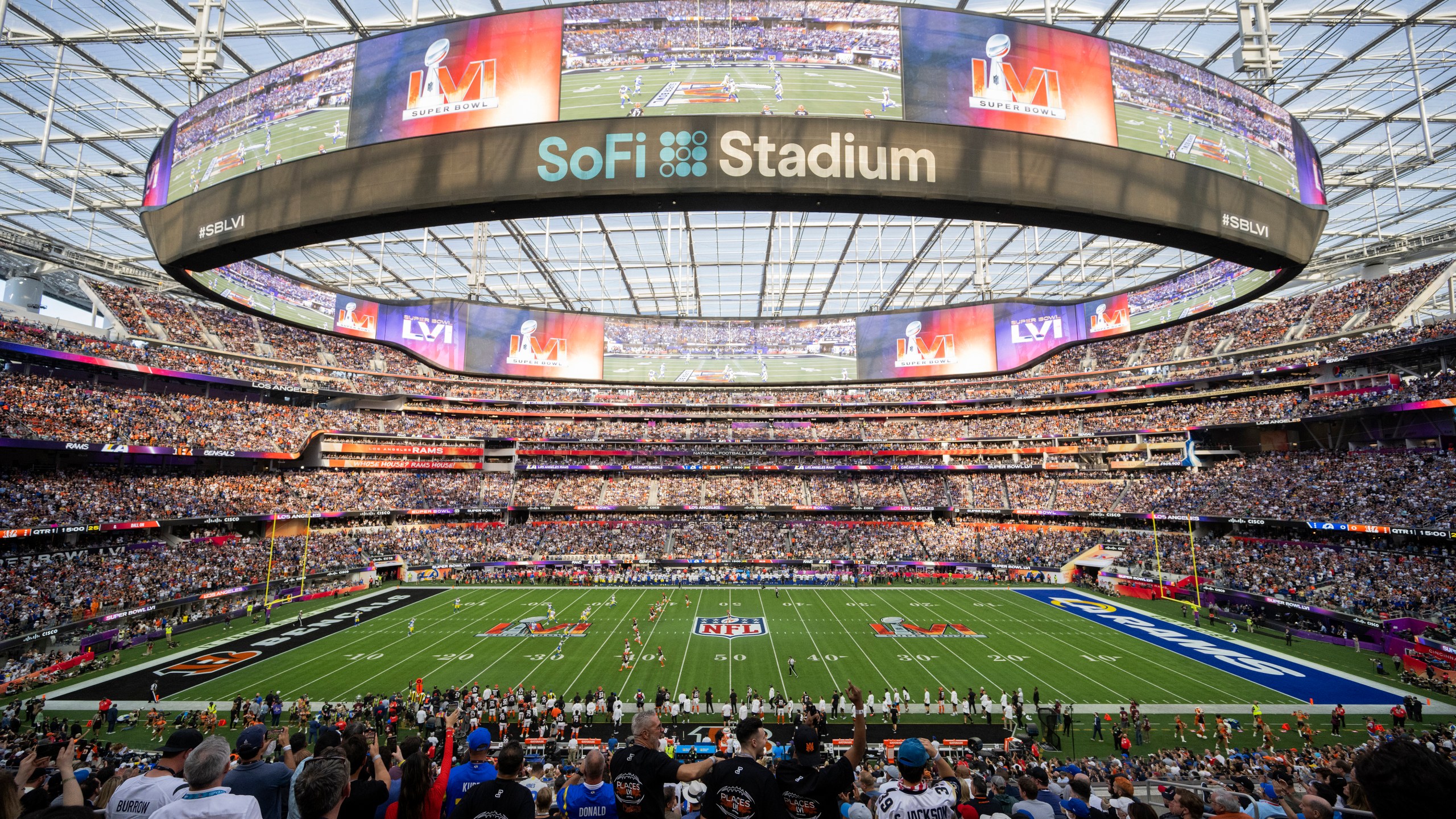 A general view of the interior of SoFi Stadium is seen during Super Bowl 56 on Sunday, Feb. 13, 2022, in Inglewood, Calif. (AP Photo/Kyusung Gong, File)