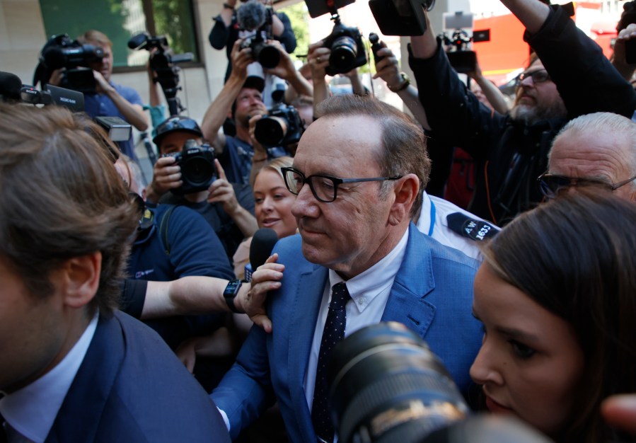 Actor Kevin Spacey arrives at the Westminster Magistrates court in London on June 16, 2022. (David Cliff/Associated Press)