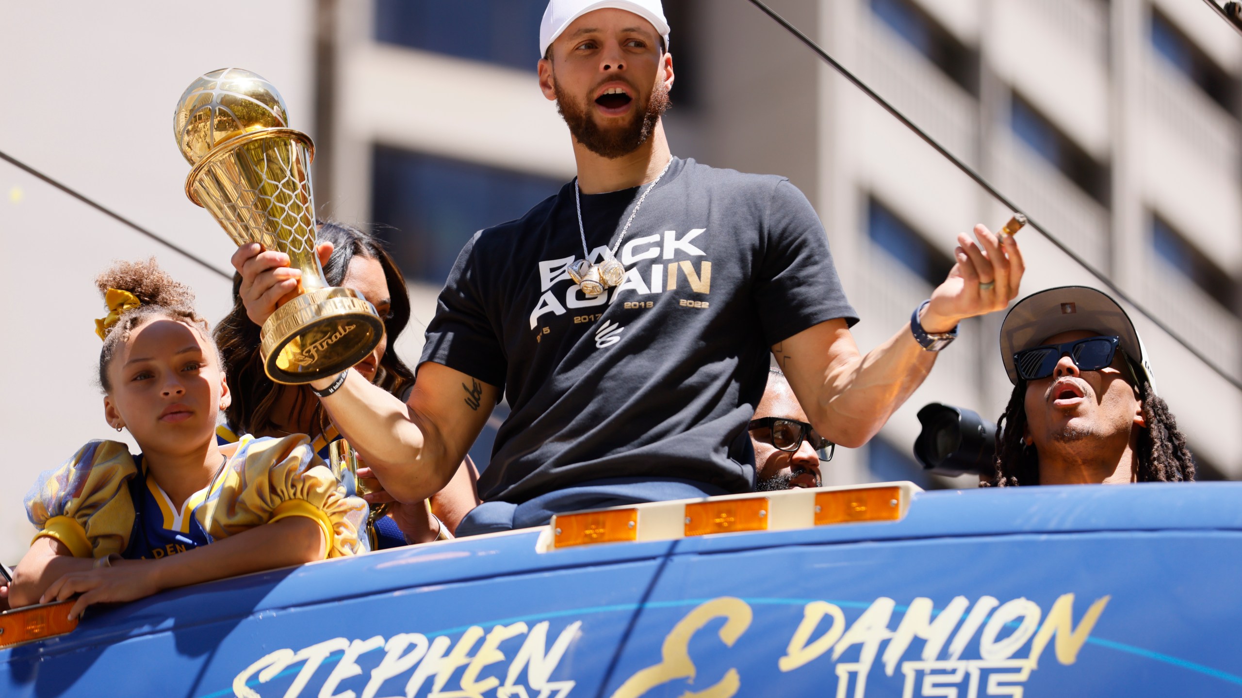 Stephen Curry and the Golden State Warriors celebrate at their NBA championship parade in San Francisco, Monday, June 20, 2022. (Santiago Mejia/San Francisco Chronicle via AP)