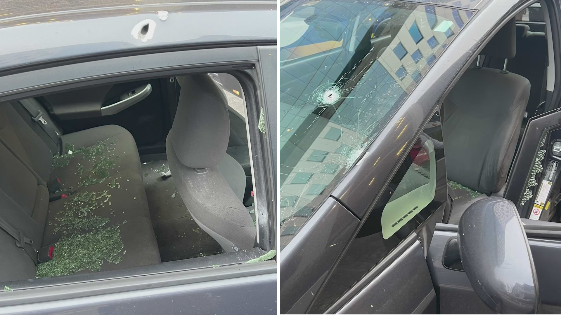 A vehicle is seen with its windows shattered after a car-to-car shooting on the 101 Freeway June 7, 2022.