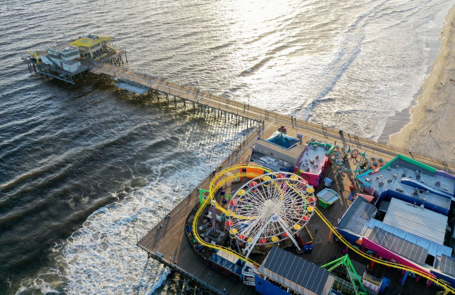 An aerial view of the shuttered Santa Monica Pier is seen on May 13, 2020. (Mario Tama/Getty Images)