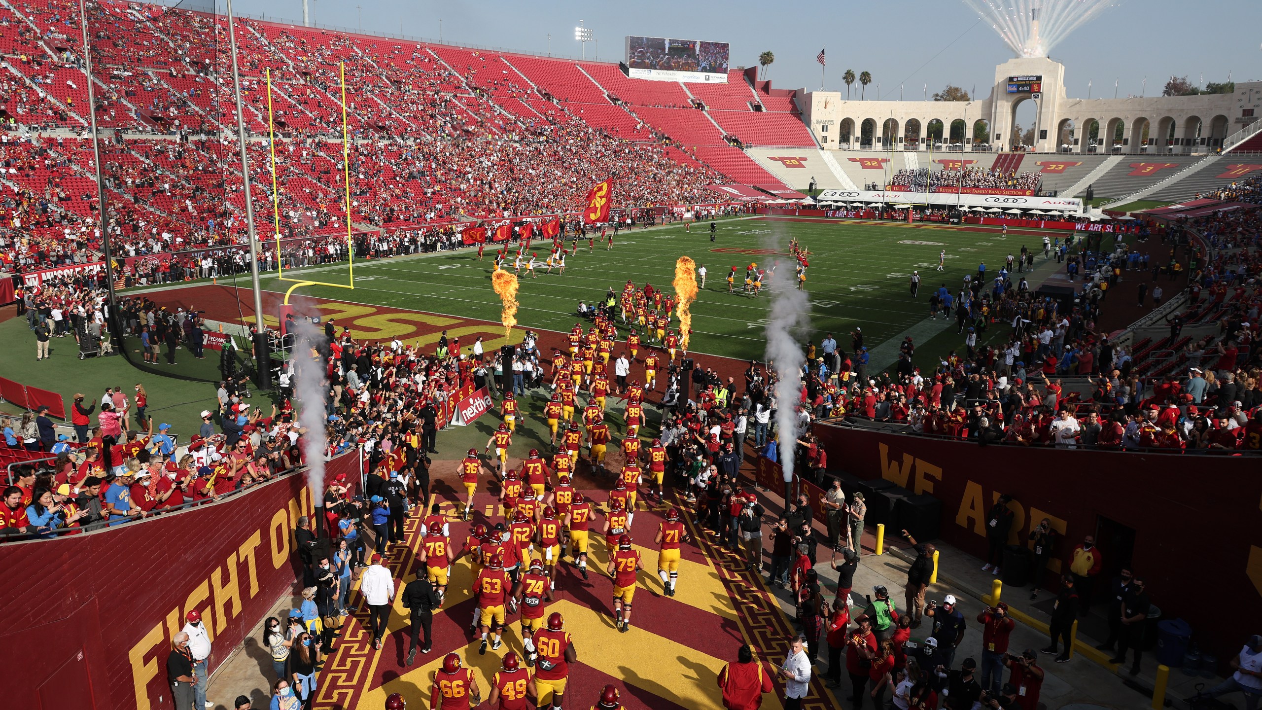 The USC Trojans come on to the field to take on the UCLA Bruins at Los Angeles Memorial Coliseum on Nov. 20, 2021 in Los Angeles, (Harry How/Getty Images)