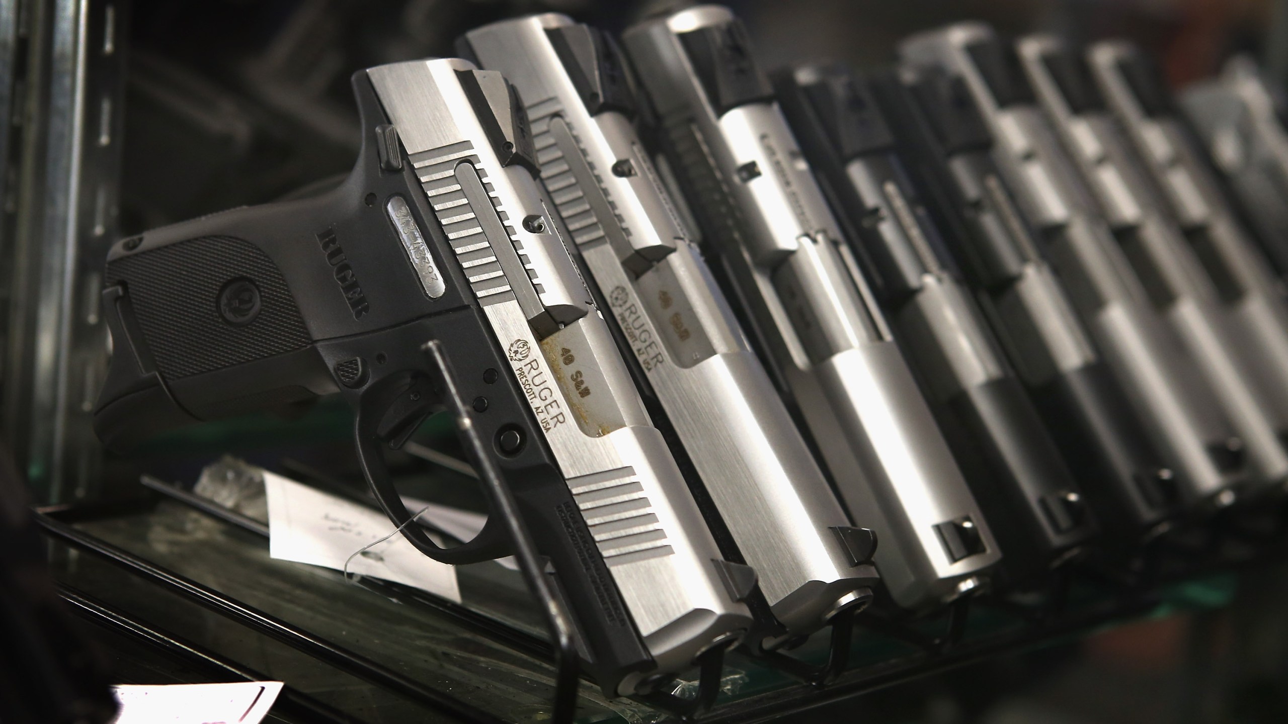 Pistols are offered for sale at Freddie Bear Sports on Oct. 18, 2012, in Tinley Park, Illinois. (Scott Olson/Getty Images)