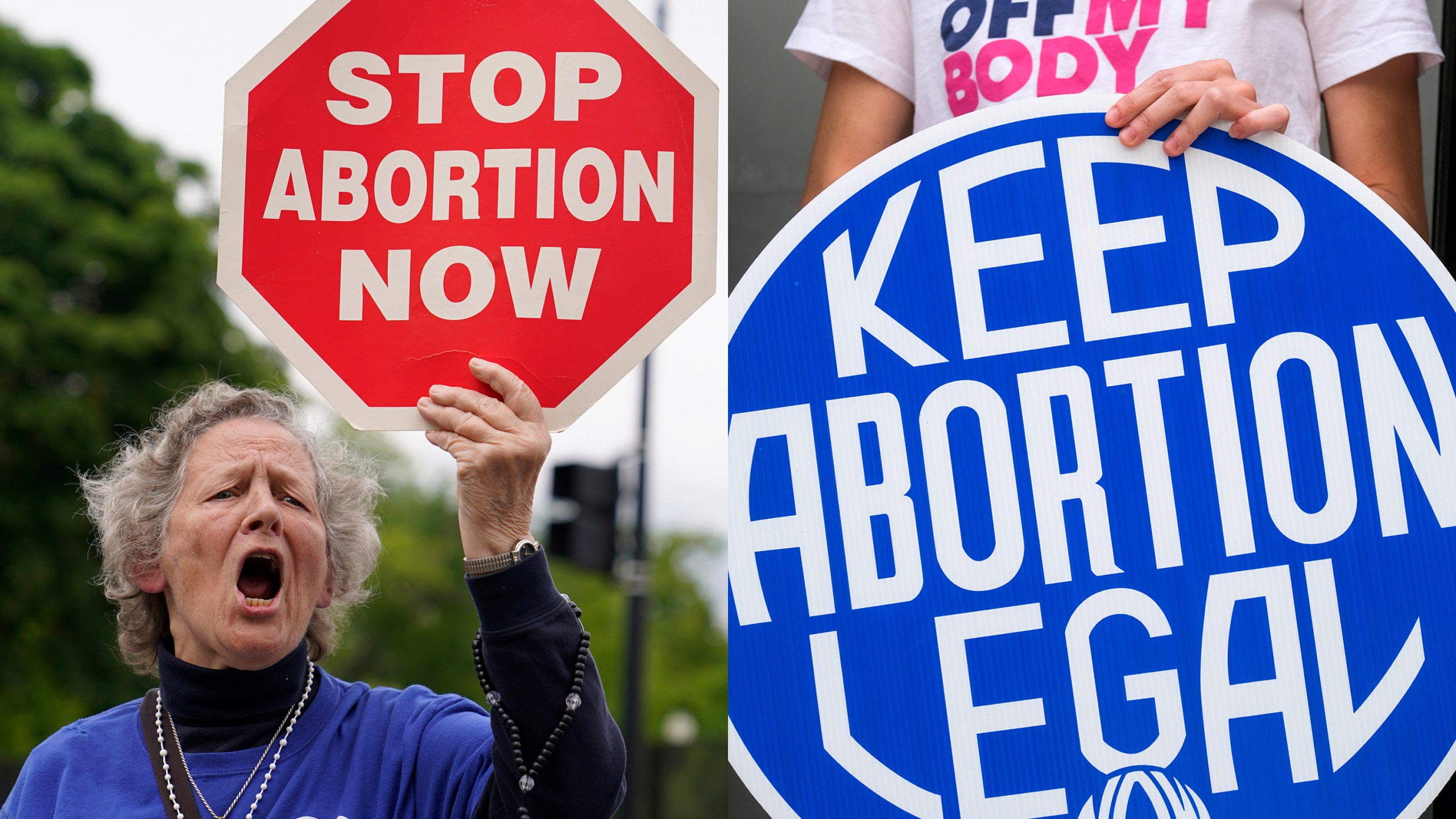 A woman holds a sign saying "stop abortion now," at a protest outside of the U.S. Supreme Court in Washington on May 5, 2022, left, and another woman holds a sign during a news conference for reproductive rights in response to the leaked draft of the Supreme Court's opinion to overturn Roe v. Wade, in West Hollywood on March 3, 2022. (AP Photos)