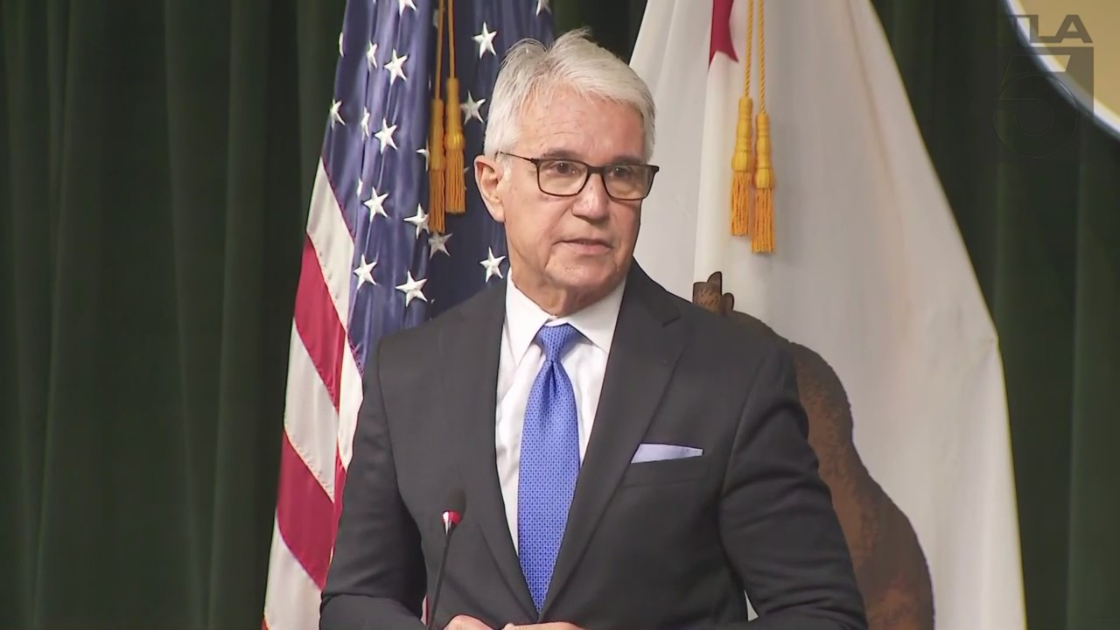 L.A. County District Attorney George Gascón holds a news conference on June 21, 2022. (KTLA)