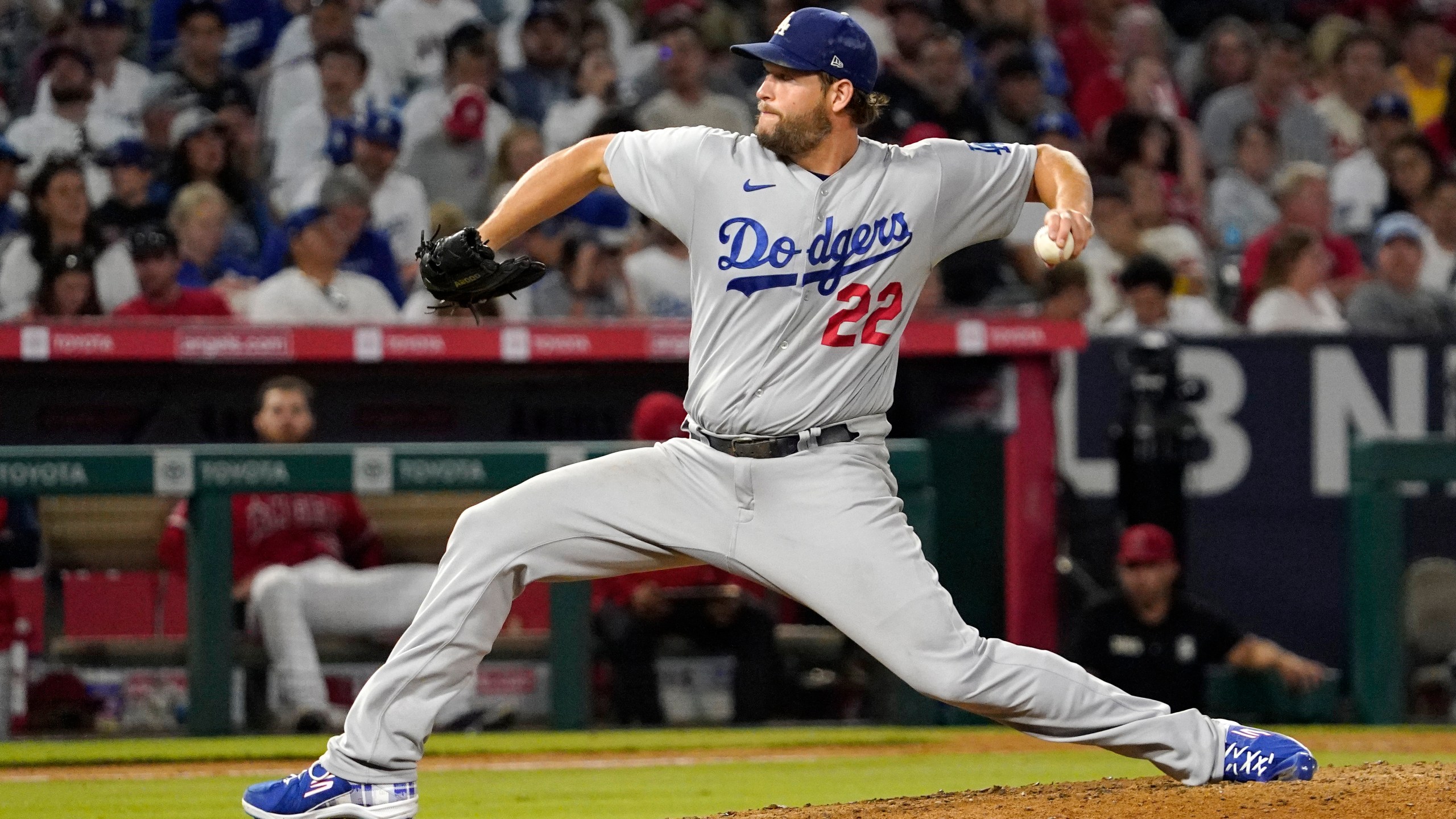 Los Angeles Dodgers starting pitcher Clayton Kershaw throws to the plate during the seventh inning of a baseball game against the Los Angeles Angels on July 15, 2022, in Anaheim. (Photo/Mark J. Terrill/Associated Press)